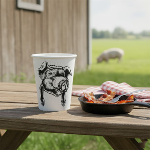 Pig Head Farm Animal Drawing in Black White Paper Cups