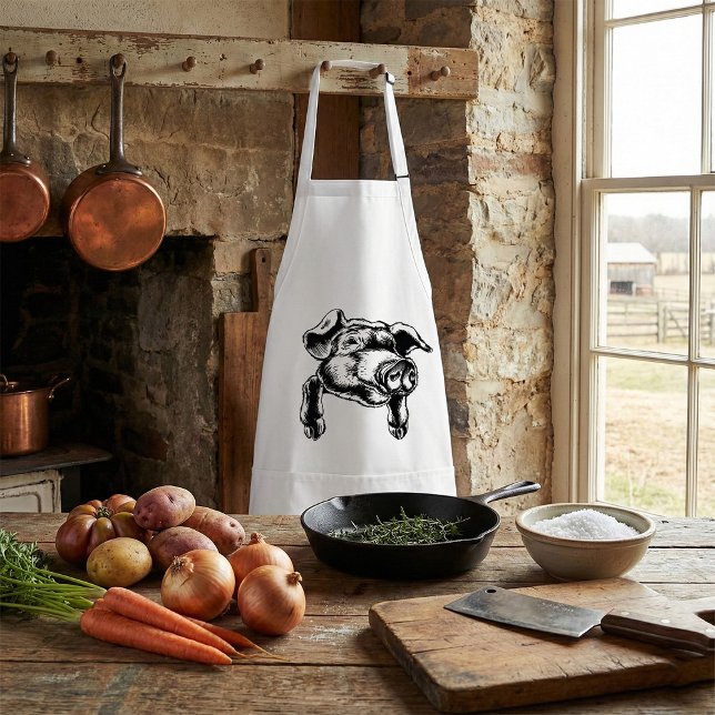 Pig Head Farm Animal Drawing in Black White Standard Apron (Creator Uploaded)