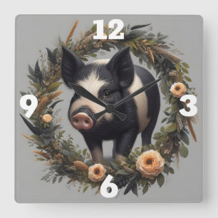 Pig in a Floral Wreath  Square Wall Clock