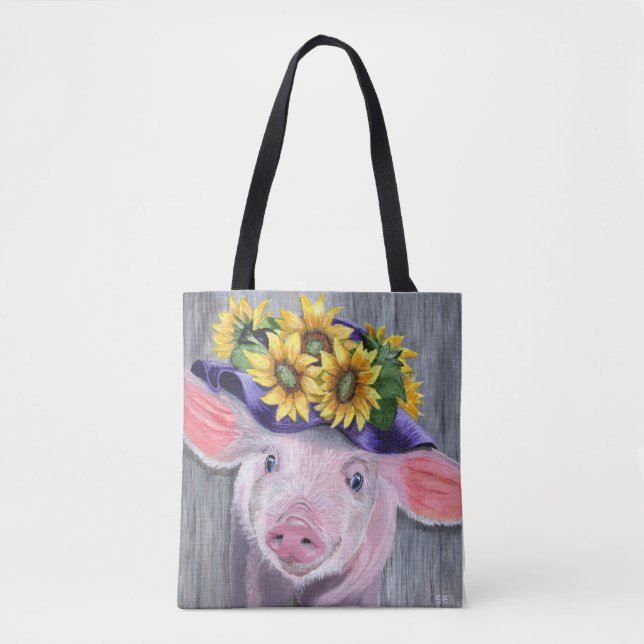 Pig in Flowered Hat Tote Bag (Front)