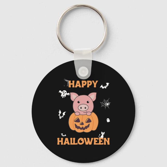 Pig In Pumpkin Sweet Pigs Happy Halloween Keychain (Front)