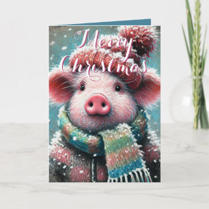 Pig in Scarf Snowflakes Personalized Christmas Card