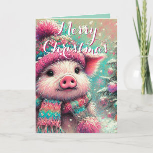 Pig in Scarf Snowflakes Personalized Christmas Card