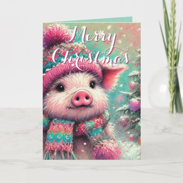 Pig in Scarf Snowflakes Personalized Christmas Card (Front)