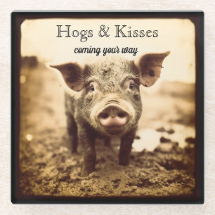 Pig in the Mud, hugs and kisses, customizable Glass Coaster