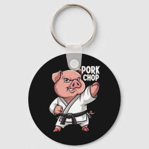 Pig Karate Pork Chop Funny Hog Swine Pun Men Boys Keychain