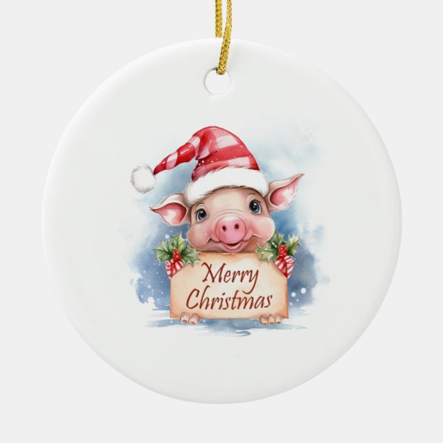 Pig Merry Christmas Ceramic Ornament (Front)