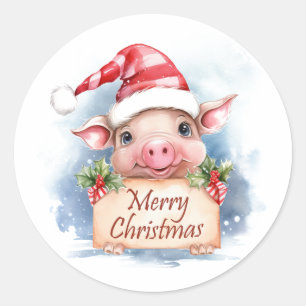 Pig Merry Christmas Classic Round Sticker