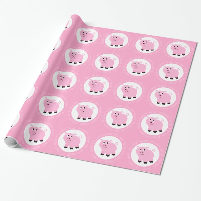 Pig Out It's A Party Little Pink Piggy Birthday Wrapping Paper (Unrolled)