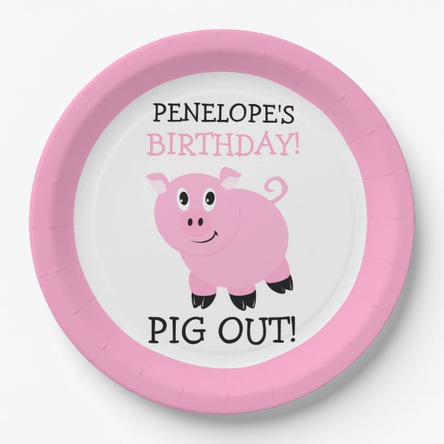 Pig Out It's A Party Pink Personalized Party Paper Plate (Front)