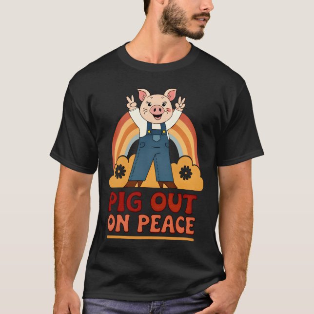 Pig Out On Peace Pig Retro 70s gift T-Shirt (Front)