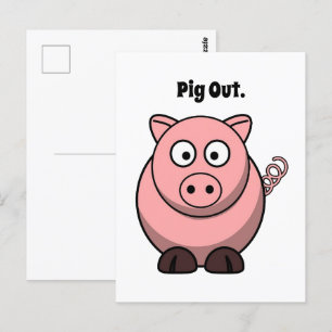 Pig Out Pink Pig Cartoon, Funny BBQ Hog Design Postcard