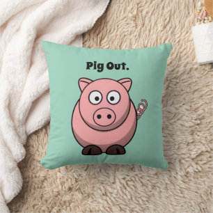 Pig Out Pink Pig Cartoon, Funny BBQ Hog Design Throw Pillow