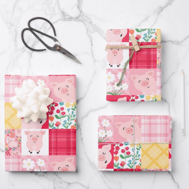 Pig Patchwork Floral Rustic Birthday Party Wrapping Paper Sheet (Front)