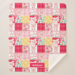Pig Patchwork Floral Rustic Personalized Sherpa Blanket