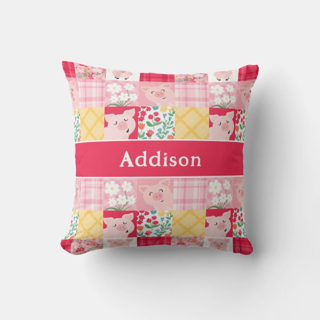 Pig Patchwork Floral Rustic Personalized Throw Pillow (Front)