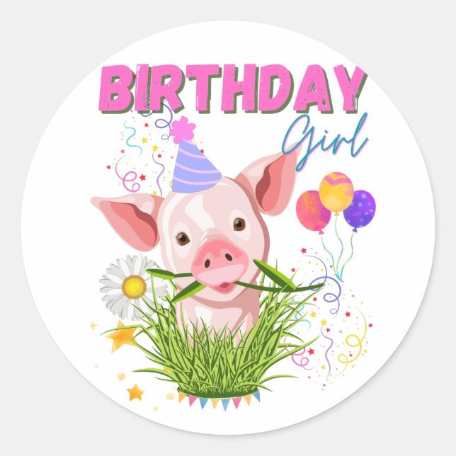 Pig Piggy Birthday Pink Girl Animals Lovers  Classic Round Sticker (Front)