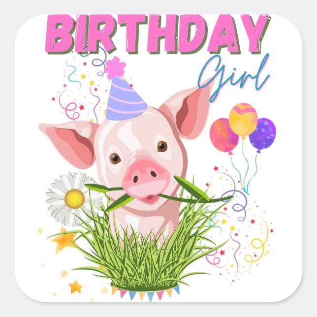 Pig Piggy Birthday Pink Girl Animals Lovers  Square Sticker (Front)