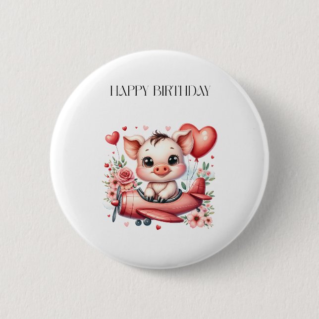 Pig Pilot Birthday 2 Inch Round Button (Front)