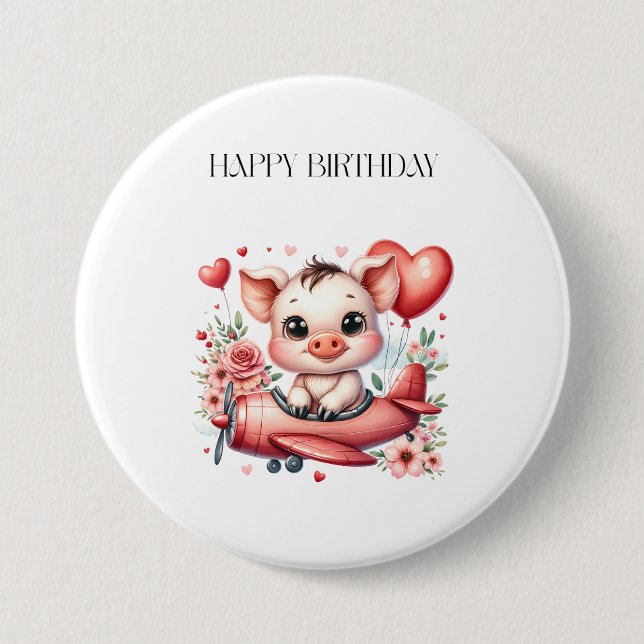 Pig Pilot Birthday 3 Inch Round Button (Front)