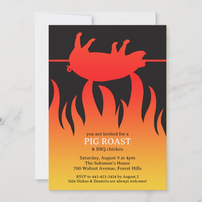 Pig Roast Flame BBQ Flat Invitation (Front)