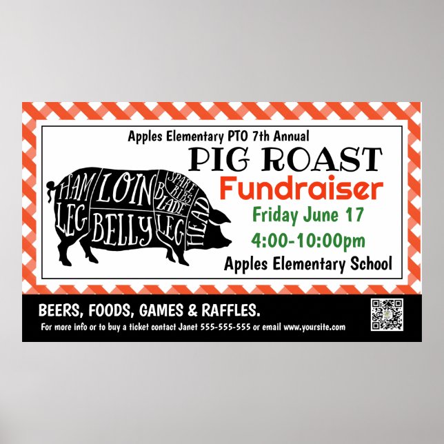 PIG ROAST Fundraiser PTO PTA Church Banner Poster (Front)