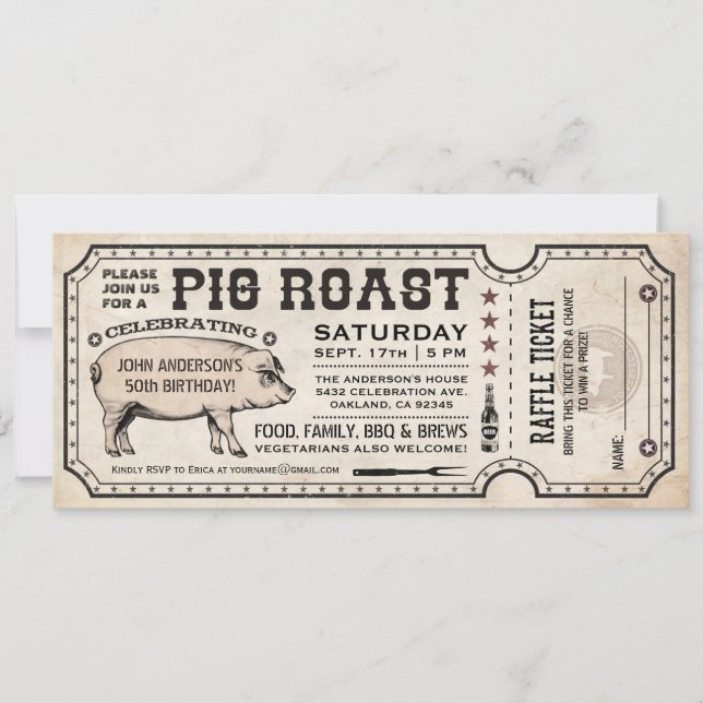 Pig Roast Ticket Invitations with Raffle Ticket v1 (Front)