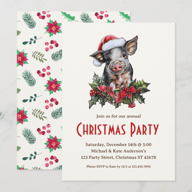 Pig Santa Hat Piglet Farm Animal Christmas Party  Invitation (Front/Back)