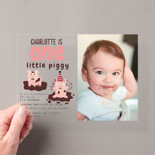 Pig Theme Little Piggy First 1st Birthday Photo Acrylic Invitations