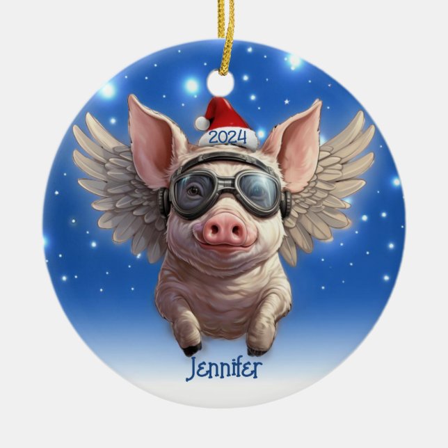 Pig volant avec Casquette Père Noël Ornement perso (Devant)
