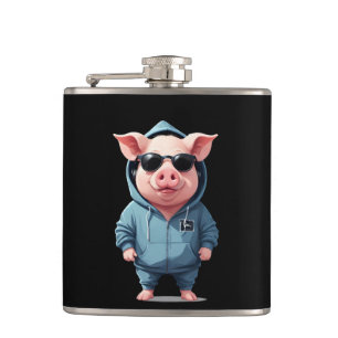 Pig Wearing Hoodie Funny Cool Animal Character  Hip Flask