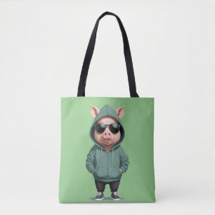 Pig Wearing Hoodie Funny Cool Animal Character Tote Bag