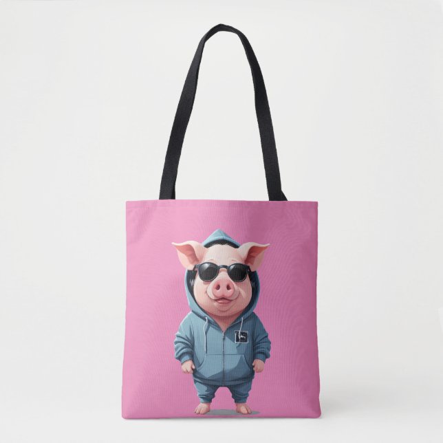 Pig Wearing Hoodie Funny Cool Animal Character  Tote Bag (Front)