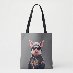 Pig Wearing Hoodie Funny Cool Animal Character Tote Bag