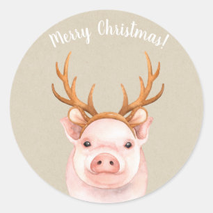 Pig Wearing Reindeer Antlers Holiday Christmas Classic Round Sticker