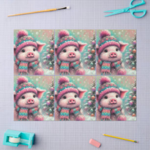 Pig Winter Hat Scarf Chalk-Pastel Decoupage Tissue Paper