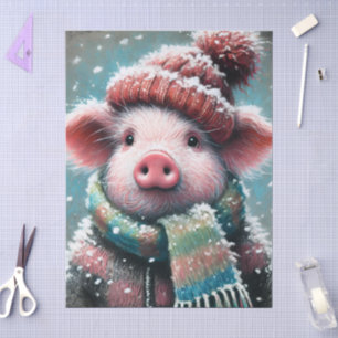 Pig Winter Hat Scarf Chalk-Pastel Decoupage Tissue Paper