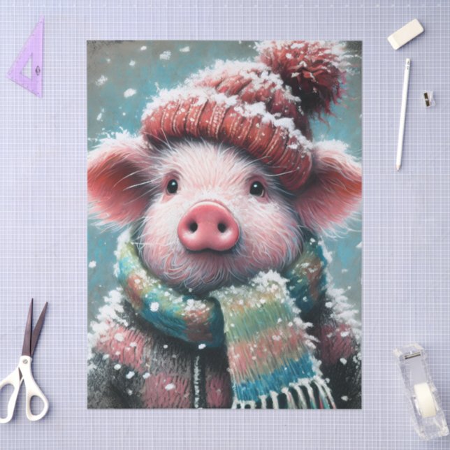 Pig Winter Hat Scarf Chalk-Pastel Decoupage Tissue Paper (Craft)