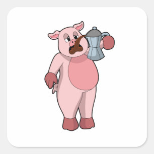 Pig with Coffee pot Square Sticker