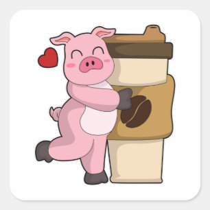 Pig with Coffee to go Square Sticker