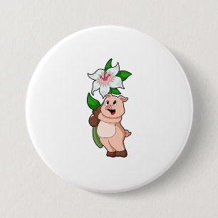 Pig with Flower Lily 3 Inch Round Button