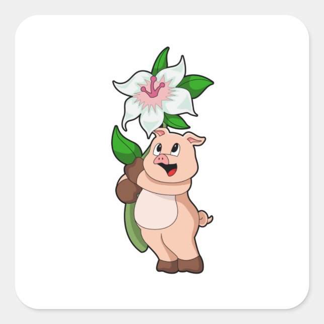 Pig with Flower Lily Square Sticker (Front)