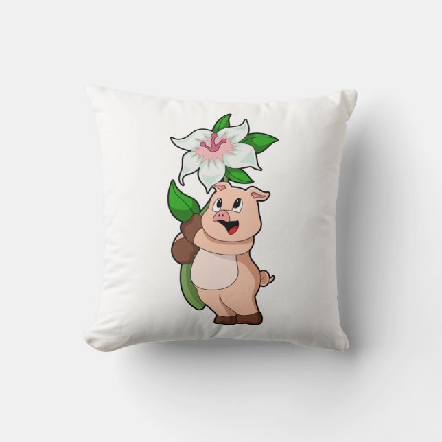 Pig with Flower Lily Throw Pillow (Front)