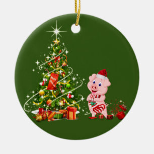 pig With Hat Scafts  Christmas Ceramic Ornament