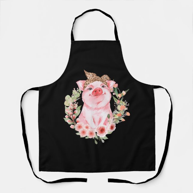 Pig With Leopard Headband Flower Cute Pig Apron (Front)