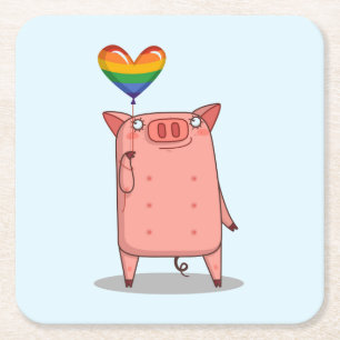 Pig With Rainbow Balloon Square Paper Coaster