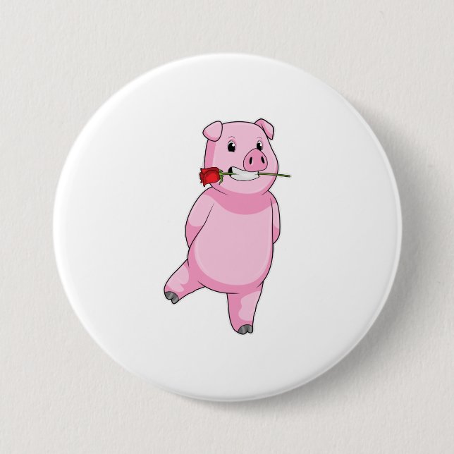 Pig with Rose Flower 3 Inch Round Button (Front)