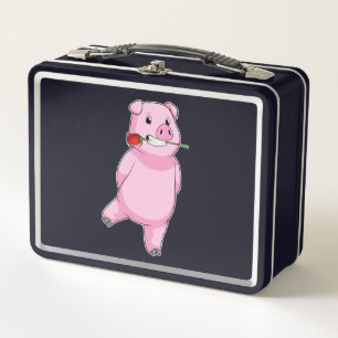 Pig with Rose Flower Metal Lunch Box