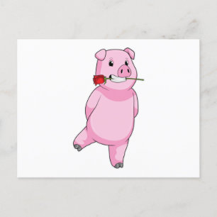Pig with Rose Flower Postcard