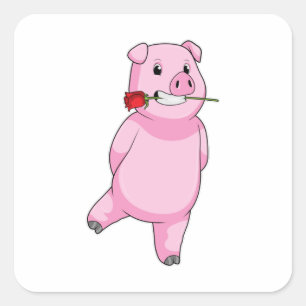 Pig with Rose Flower Square Sticker